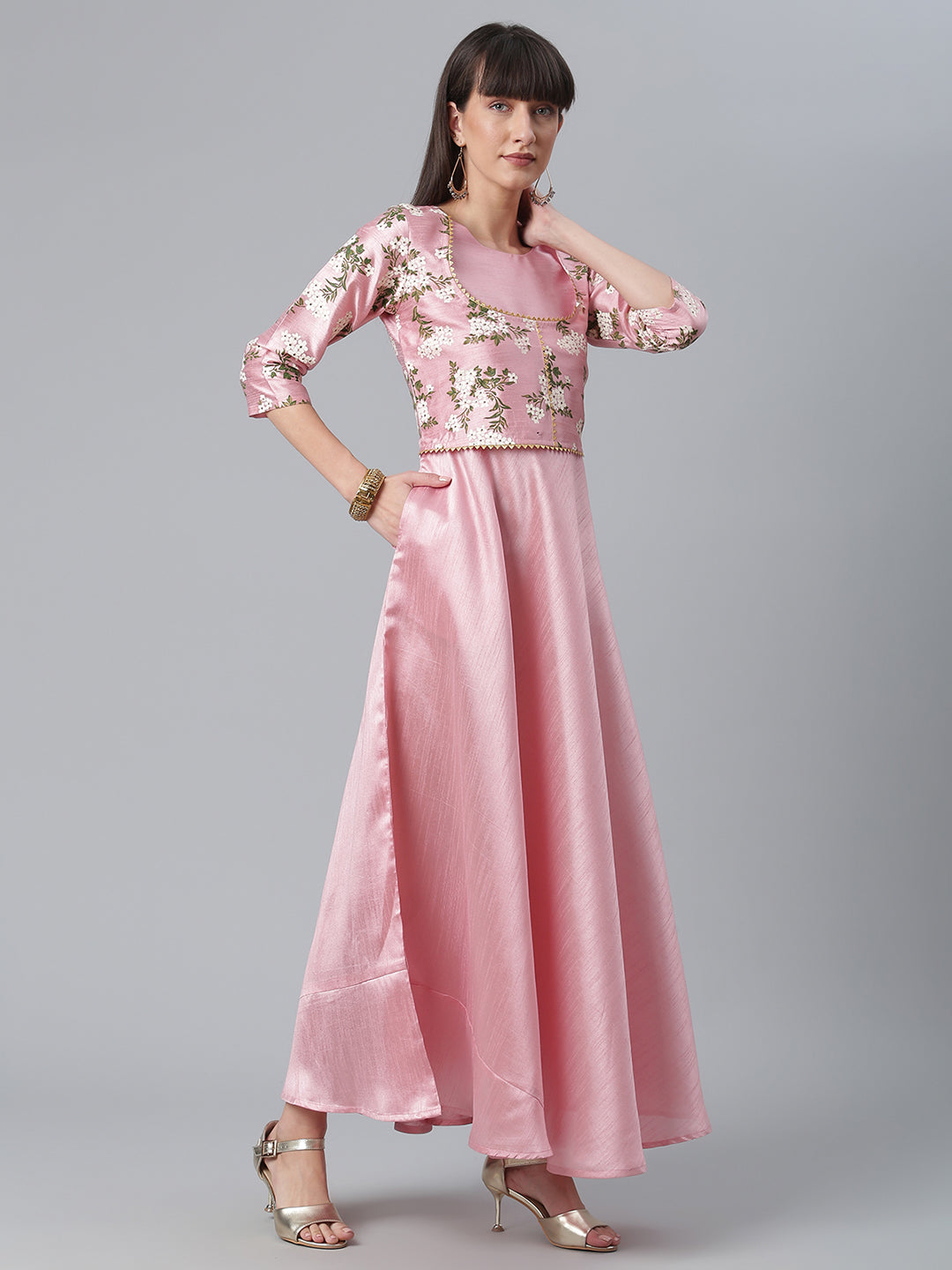 Pink Art Silk Dress with Floral Jacket | Indian Dresses Online