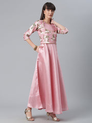 Pink Art Silk Solid Dress with Attached Floral Print Jacket-AHKUPSPG-884