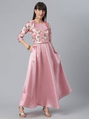 Pink Art Silk Solid Dress with Attached Floral Print Jacket-AHKUPSPG-884