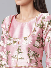 Pink Art Silk Solid Dress with Attached Floral Print Jacket-AHKUPSPG-884
