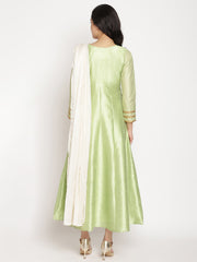 Green Poly Silk Kurta With Attached Dupatta-AHKUPSPL-878
