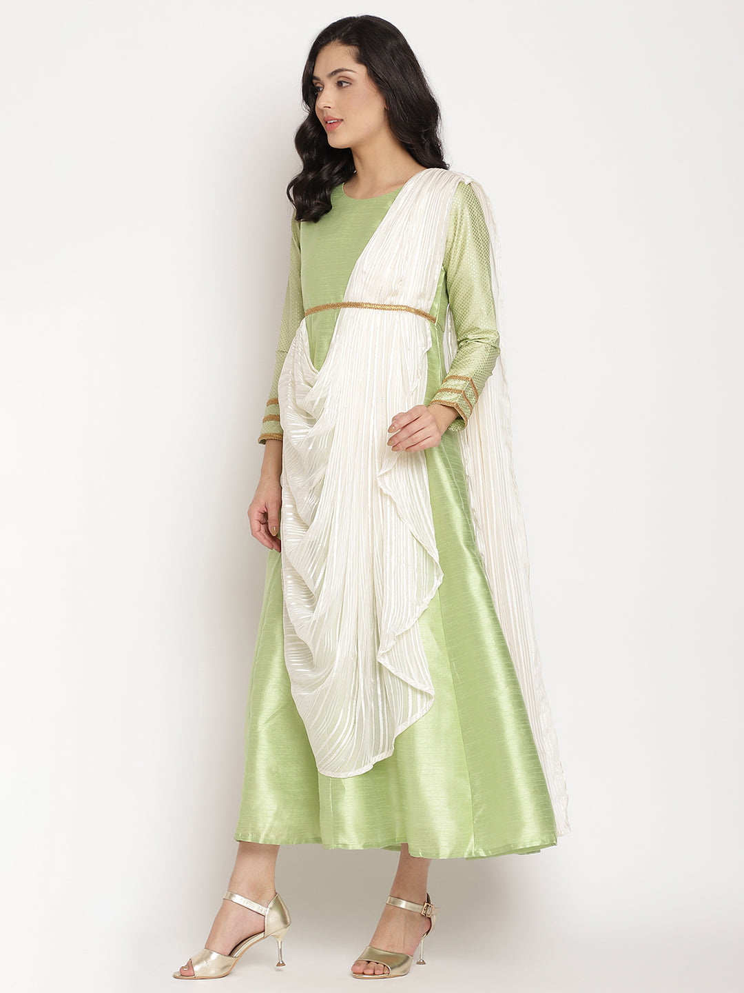 Green Poly Silk Indian Kurta with Attached Dupatta | Stylish
