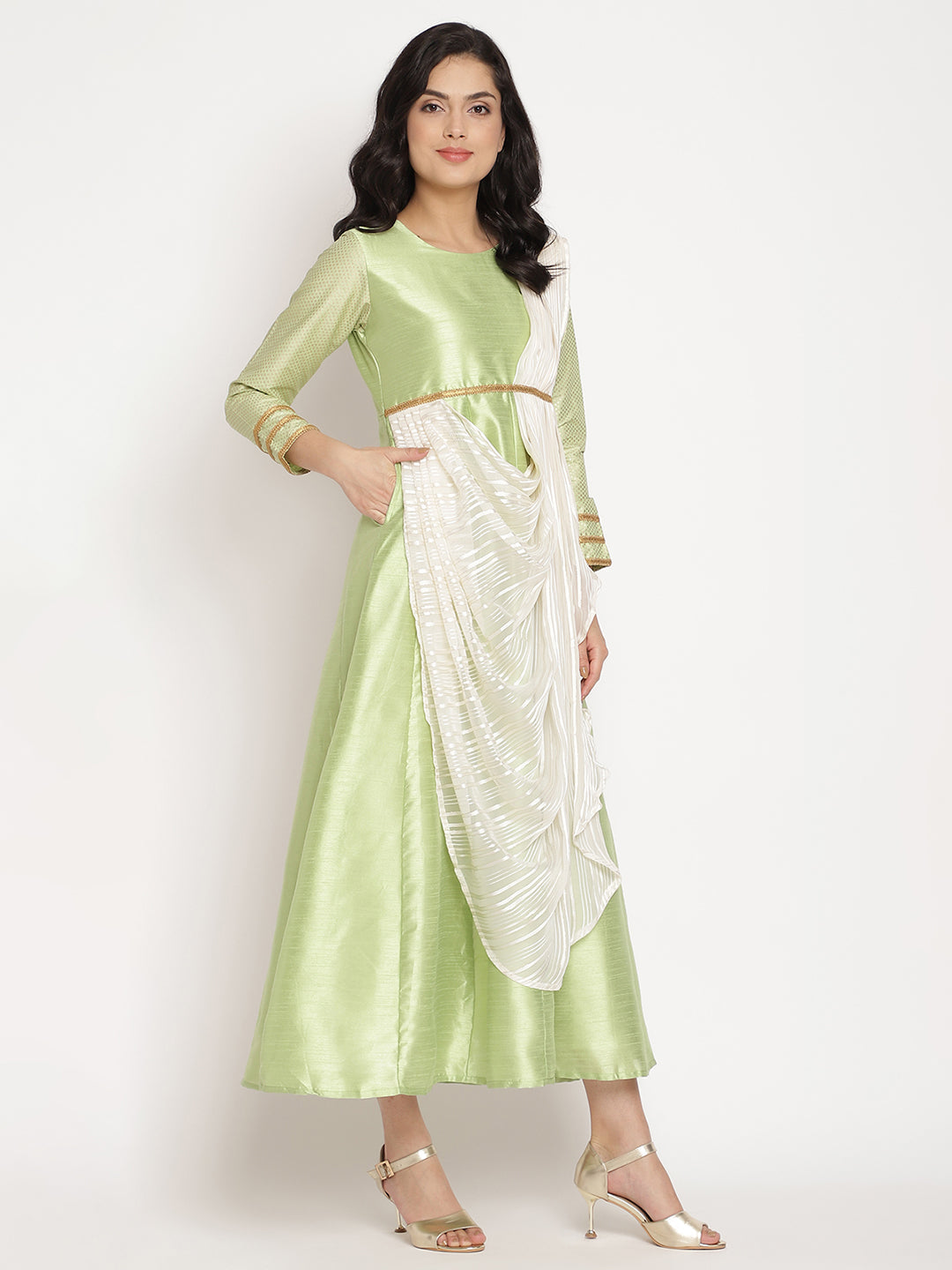 Green Poly Silk Indian Kurta with Attached Dupatta | Stylish