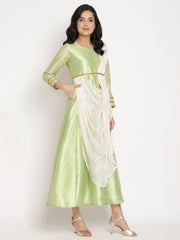 Green Poly Silk Kurta With Attached Dupatta-AHKUPSPL-878