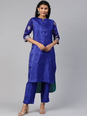 Blue & Green Solid High Low Kurta with Trousers-AHKUPZ-COMBO-295