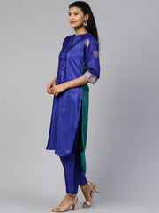 Blue & Green Solid High Low Kurta with Trousers-AHKUPZ-COMBO-295