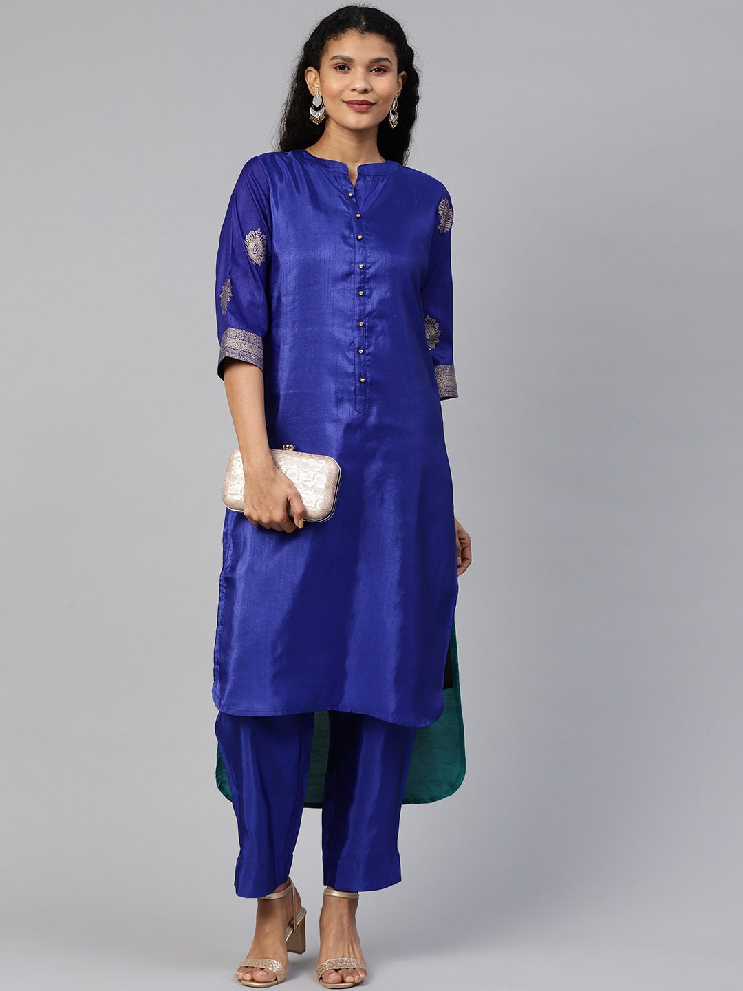 Blue & Green Solid High Low Kurta with Trousers-AHKUPZ-COMBO-295