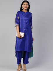 Blue & Green Solid High Low Kurta with Trousers-AHKUPZ-COMBO-295