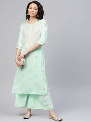 Sea Green & Golden Printed Kurta with Palazzo-AHKUPZ-COMBO-304