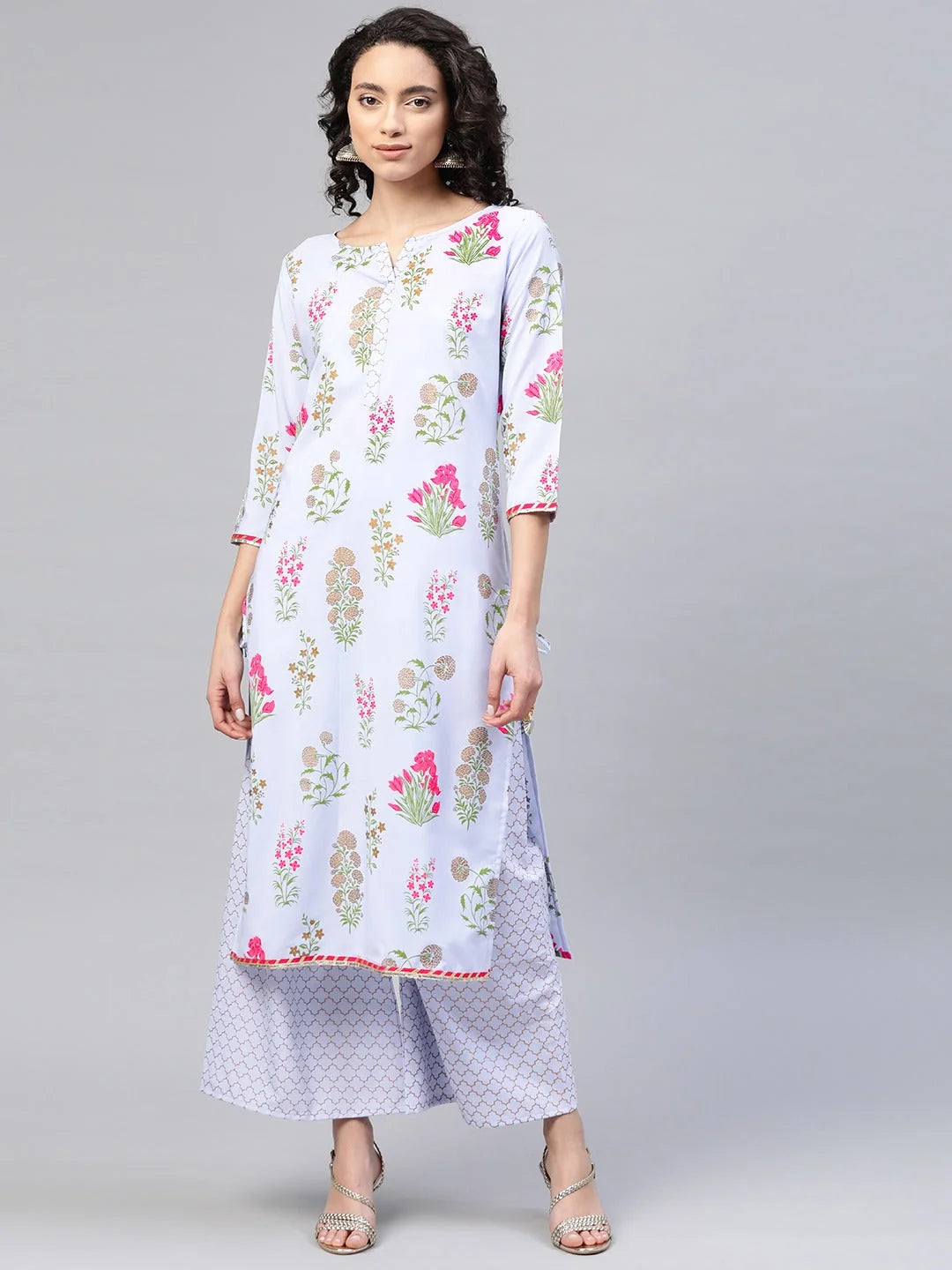 Floral Print Kurta Palazzo Set - Blue & Pink Women's Fashion