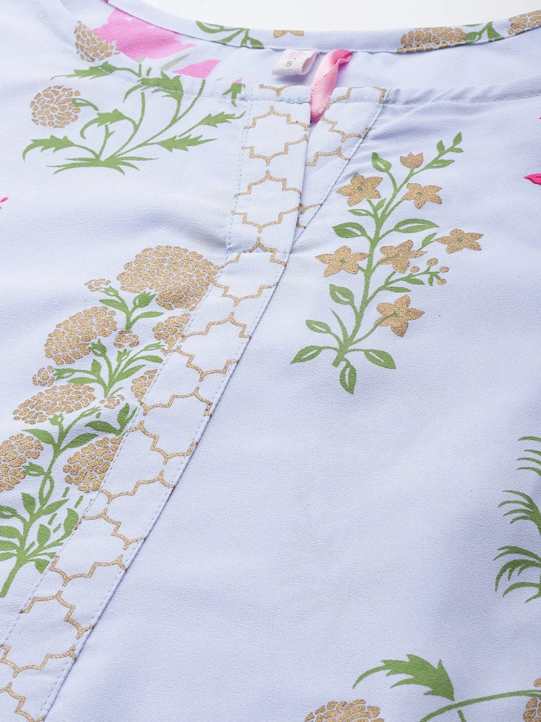 Floral Print Kurta Palazzo Set - Blue & Pink Women's Fashion