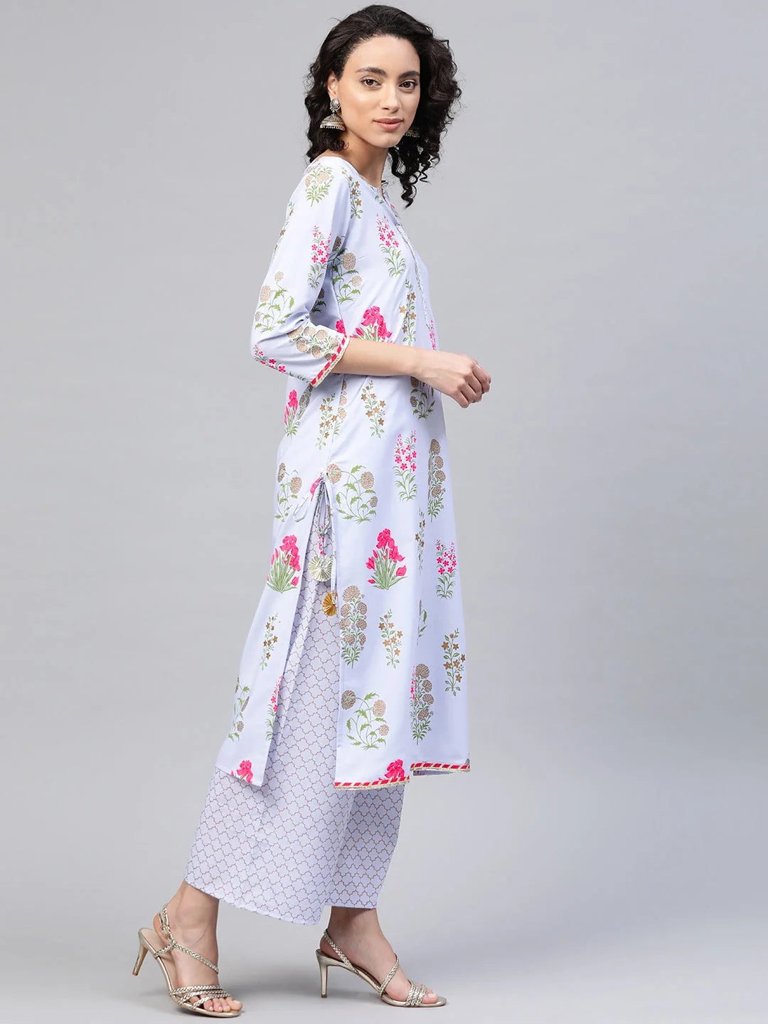 Floral Print Kurta Palazzo Set - Blue & Pink Women's Fashion