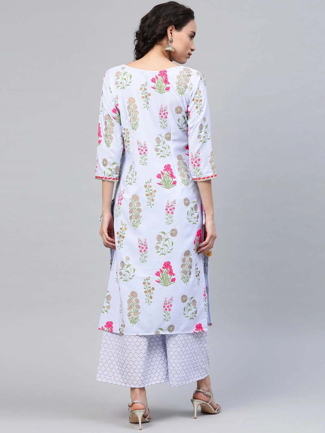 Floral Print Kurta Palazzo Set - Blue & Pink Women's Fashion