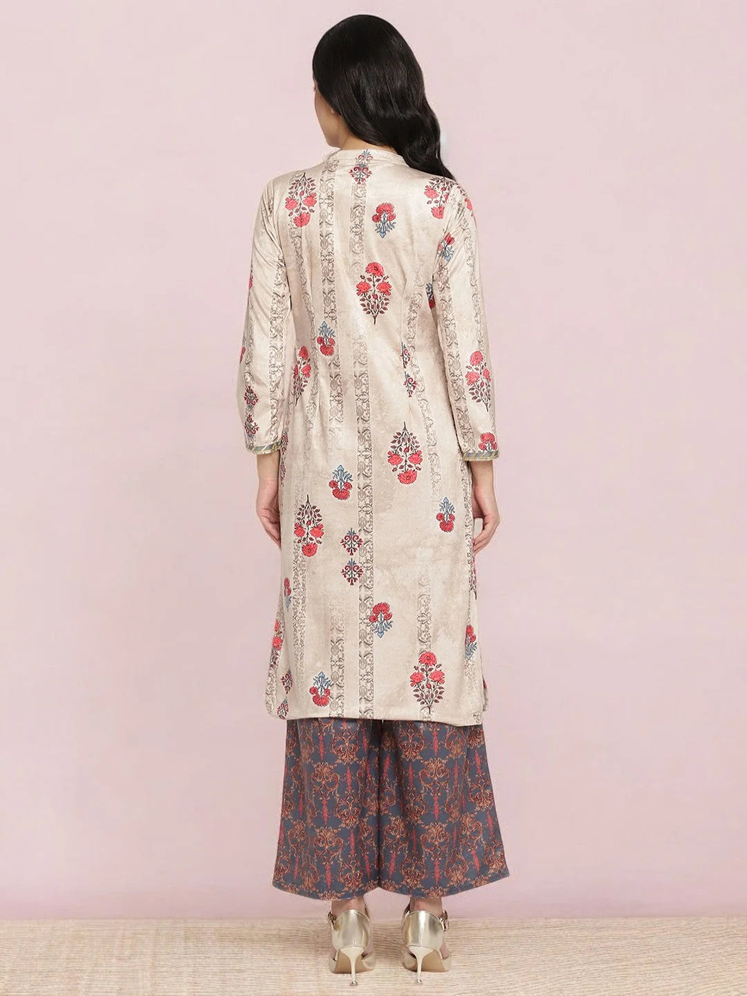 Beige Velvet Kurta Palazzo Set - Digital Print Women's Style