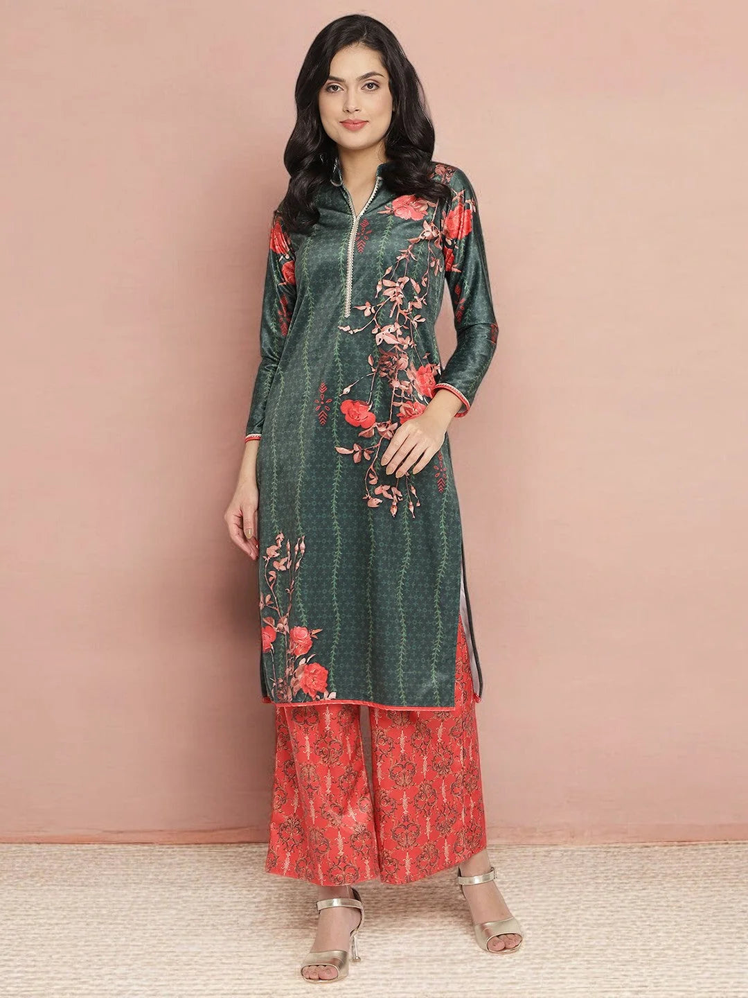 Dark Green Velvet Kurta Palazzo Set with Digital Print