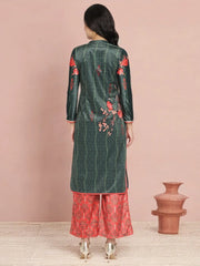 Dark Green Digital Print Velvet Kurta With Palazzo-AHKUPZ-COMBO-413