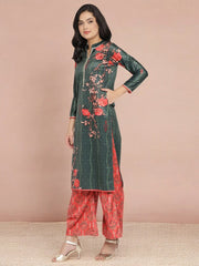 Dark Green Digital Print Velvet Kurta With Palazzo-AHKUPZ-COMBO-413