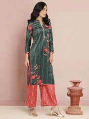 Dark Green Digital Print Velvet Kurta With Palazzo-AHKUPZ-COMBO-413