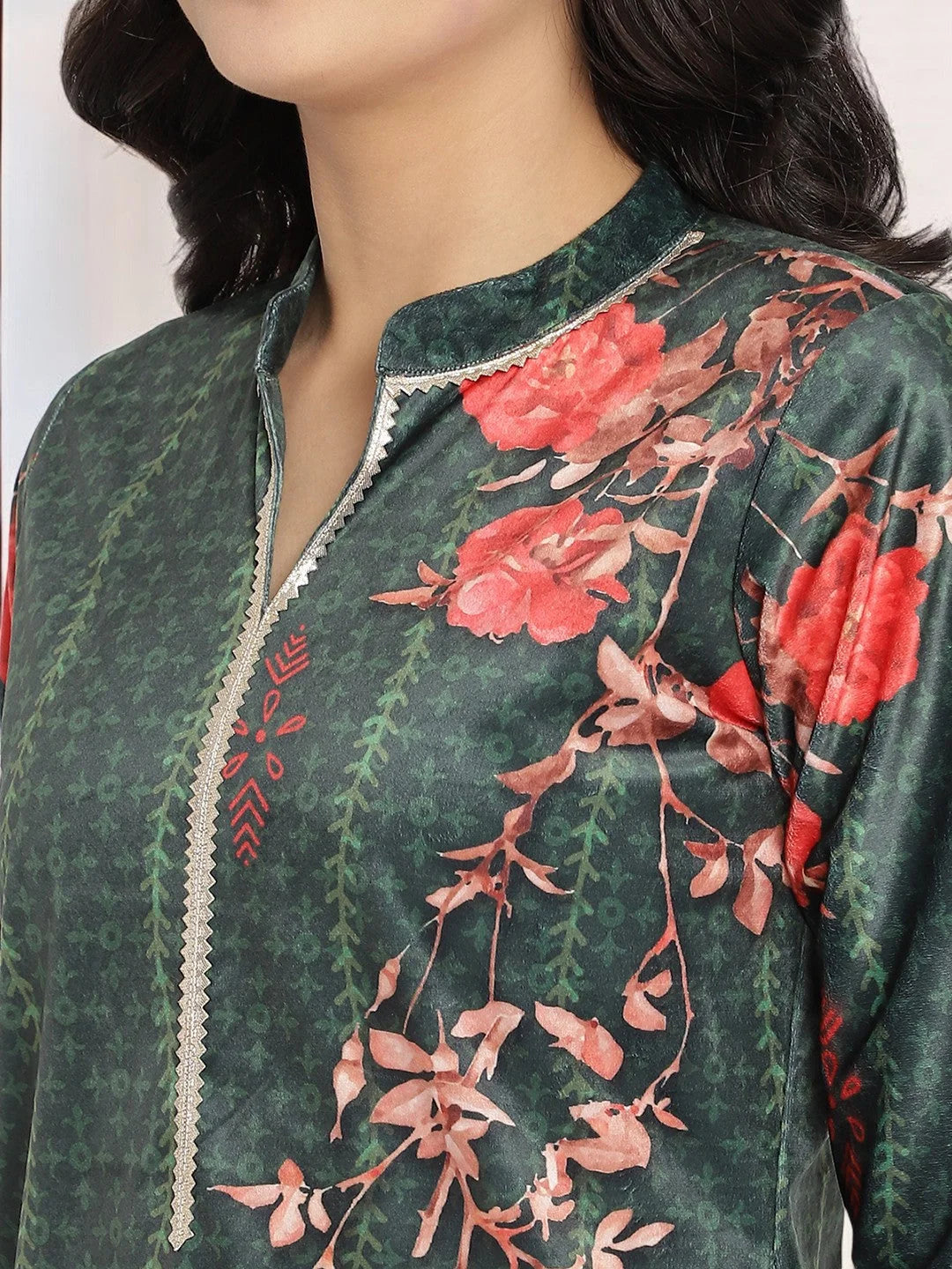 Dark Green Velvet Kurta Palazzo Set with Digital Print