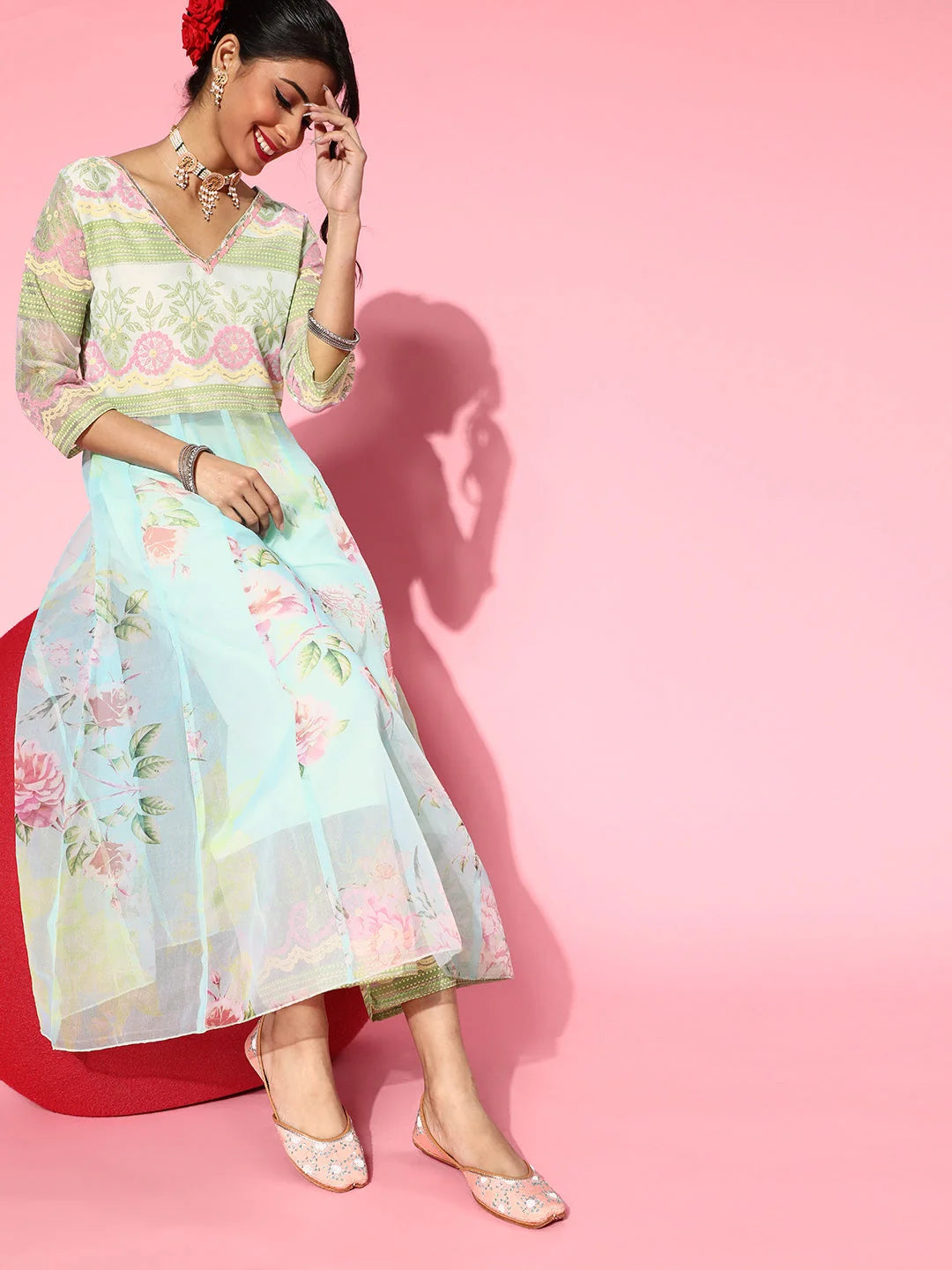 Sea Green Organza Romantic Florals Kurta Palazzo Set-AHKUPZ-COMBO-427-FF