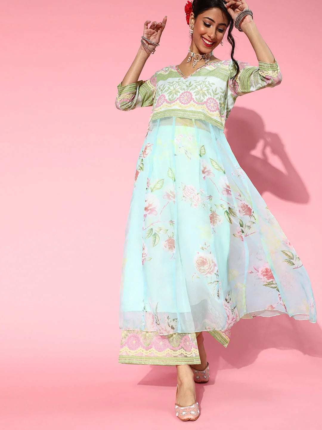 Sea Green Floral Kurta Palazzo Set | Women's Palazzo Sets