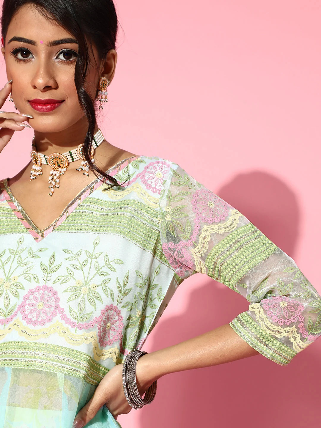 Sea Green Floral Kurta Palazzo Set | Women's Palazzo Sets