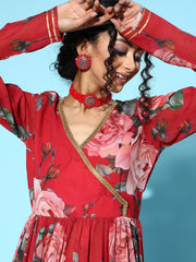 Red Georgette Digital Floral Printed Kurta-AHKUGRDP-1141