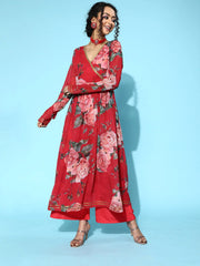 Red Georgette Digital Floral Printed Kurta-AHKUGRDP-1141