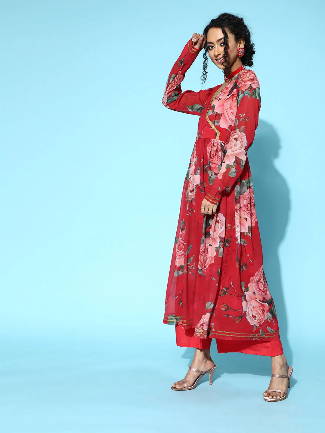 Red Floral Printed Digital Indian Kurtas for Women