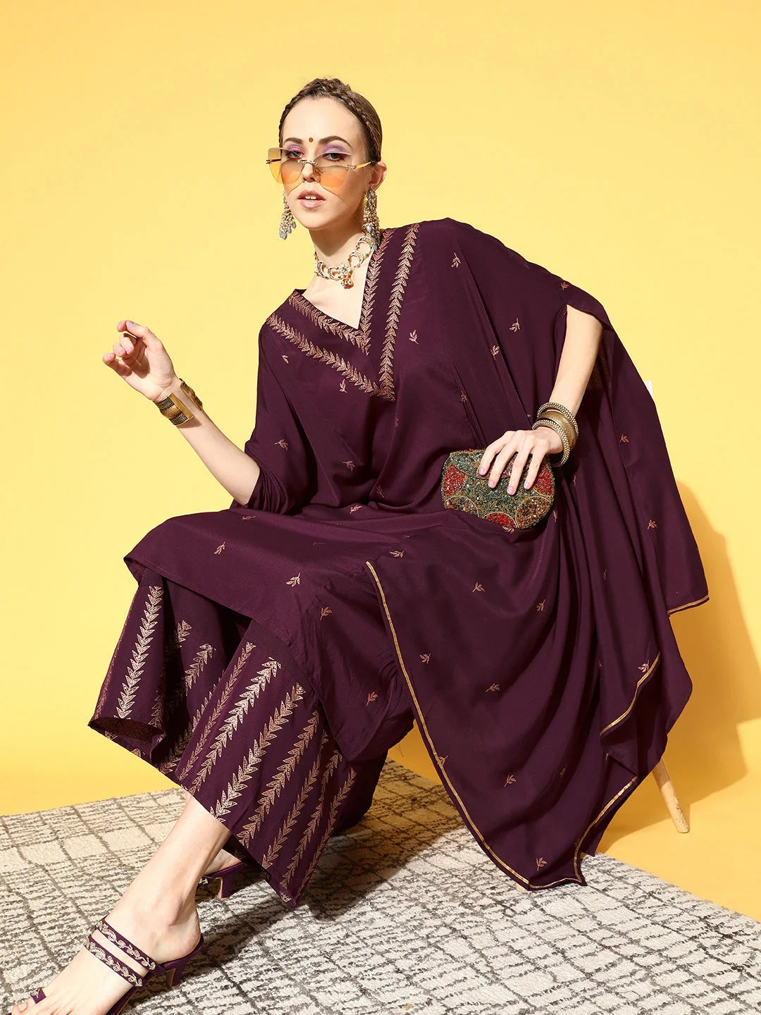 Burgundy & Gold Kaftan Women's Kurta Set | Printed Polyester