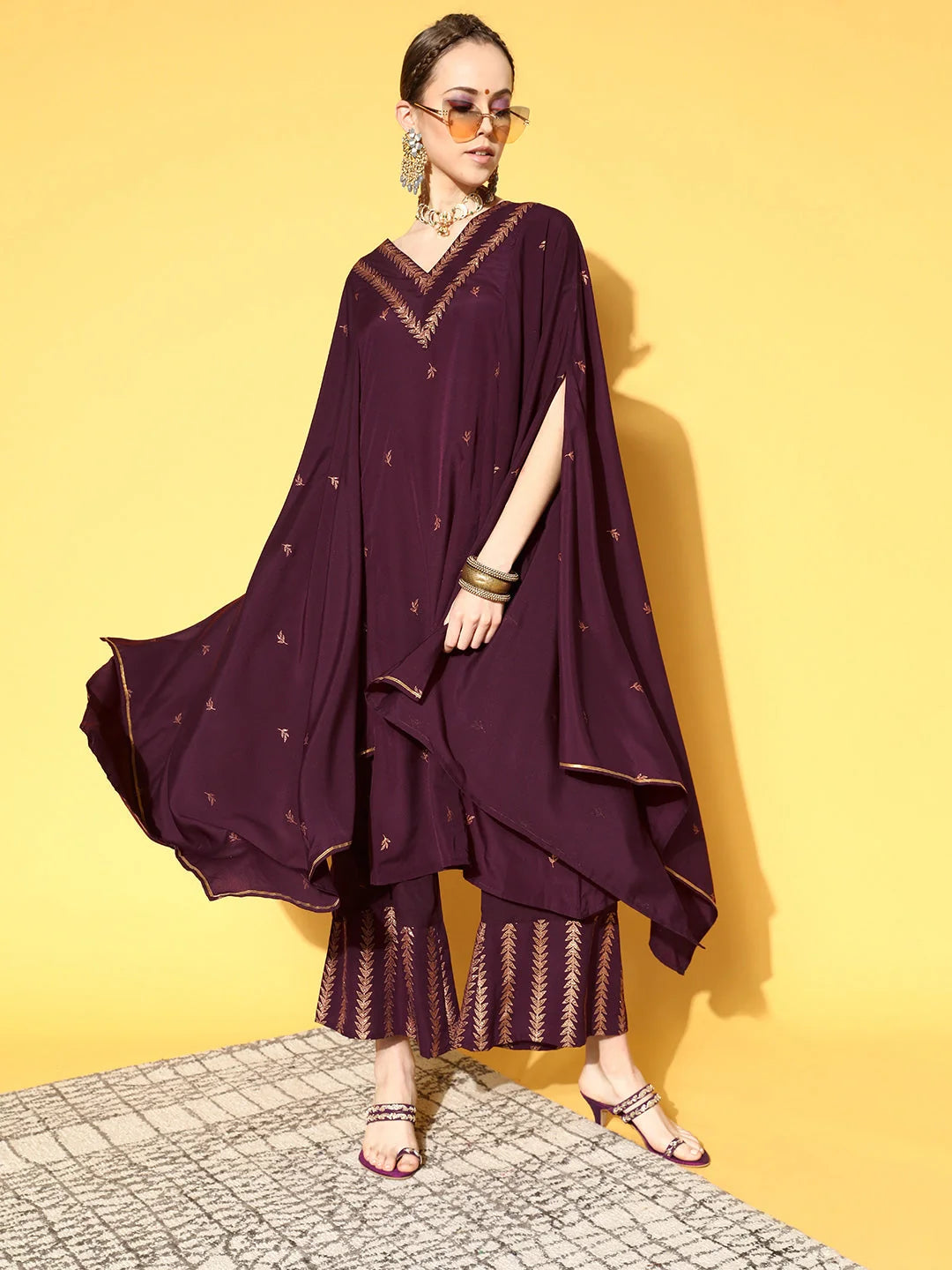 Burgundy & Gold Kaftan Women's Kurta Set | Printed Polyester