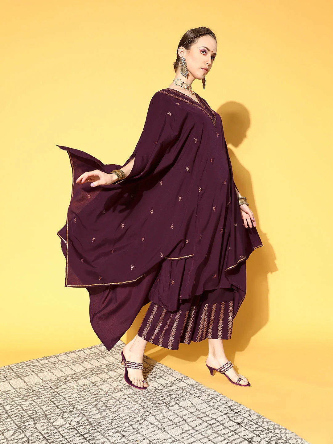 Burgundy & Gold Kaftan Women's Kurta Set | Printed Polyester