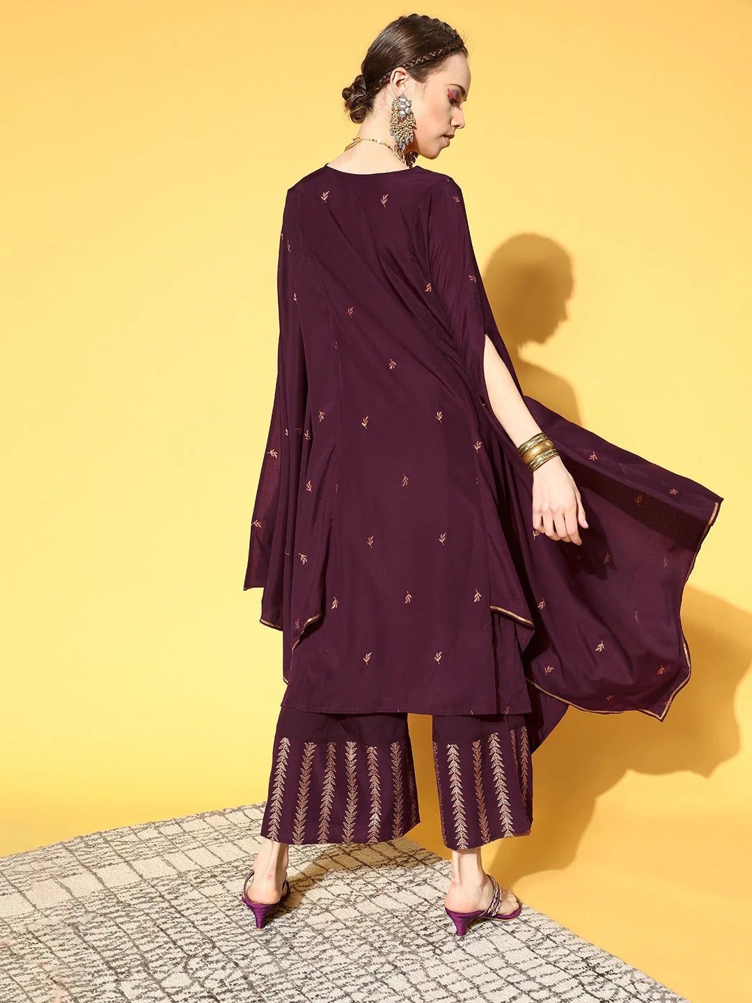 Burgundy & Gold Kaftan Women's Kurta Set | Printed Polyester