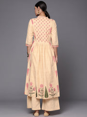 Cream & Pink Floral Print Pure Cotton Anarkali Kurta with Palazzos-AHKUPZ-COMBO-525-FF