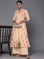 Cream & Pink Floral Print Pure Cotton Anarkali Kurta with Palazzos-AHKUPZ-COMBO-525-FF