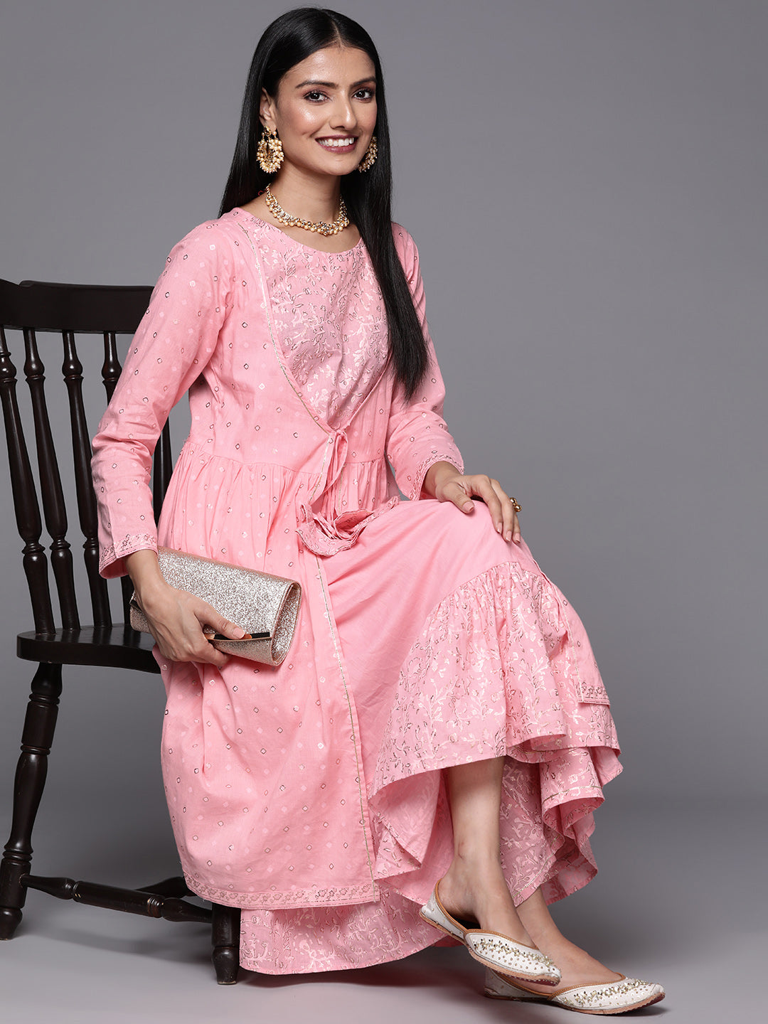Pink & Gold Anarkali Kurta and Palazzo Set | Women's Fashion