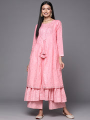Pink & Gold Ethnic Printed Layered Front Slit Pure Cotton Anarkali Kurta Palazzos-AHKUPZ-COMBO-527-FF