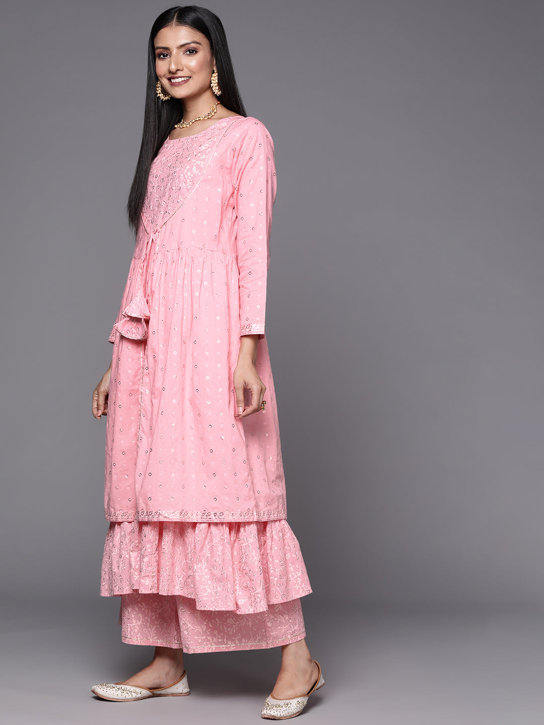 Pink & Gold Anarkali Kurta and Palazzo Set | Women's Fashion