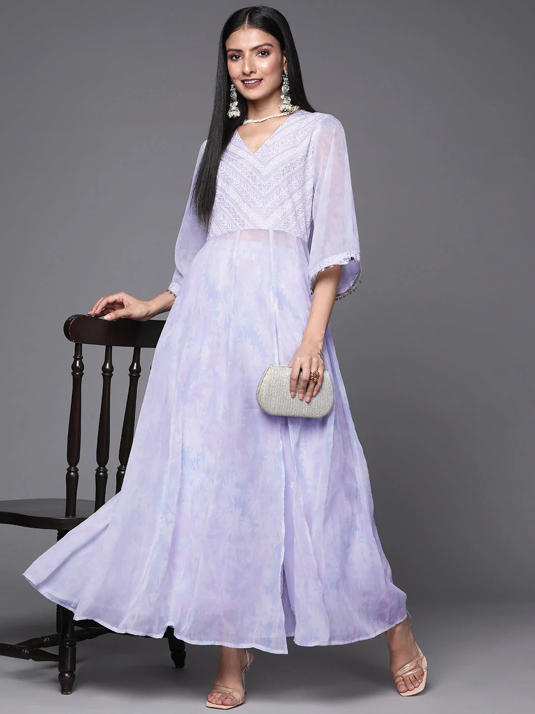 Lavender & White Floral Printed High Slit Sequined Kurta with Palazzos-AHKUPZ-COMBO-546-FF