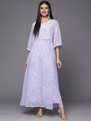 Lavender & White Floral Printed High Slit Sequined Kurta with Palazzos-AHKUPZ-COMBO-546-FF