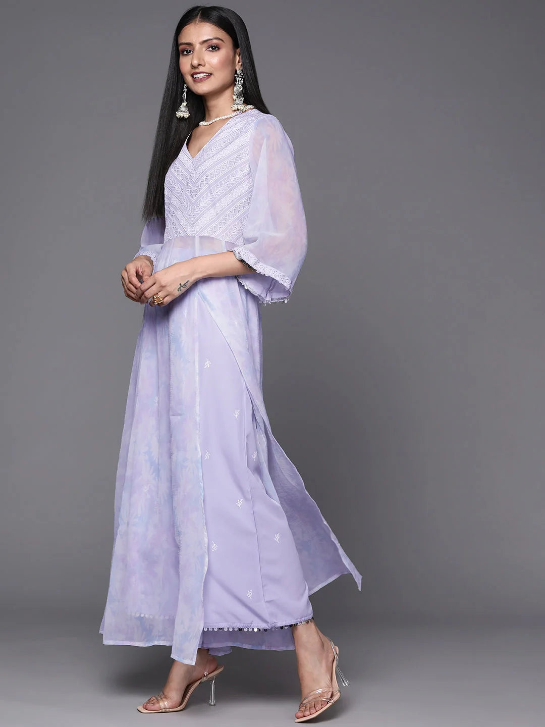 Lavender Floral Kurta Palazzo Set with Sequins | Women's Style