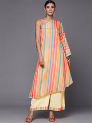 Multicolour Printed Striped Asymmetric Taselled Kaftan Kurta Palazzos-AHKUPZ-COMBO-551-FF