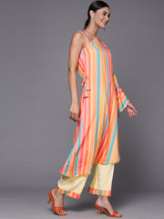 Multicolour Printed Striped Asymmetric Taselled Kaftan Kurta Palazzos-AHKUPZ-COMBO-551-FF