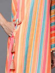 Multicolour Printed Striped Asymmetric Taselled Kaftan Kurta Palazzos-AHKUPZ-COMBO-551-FF