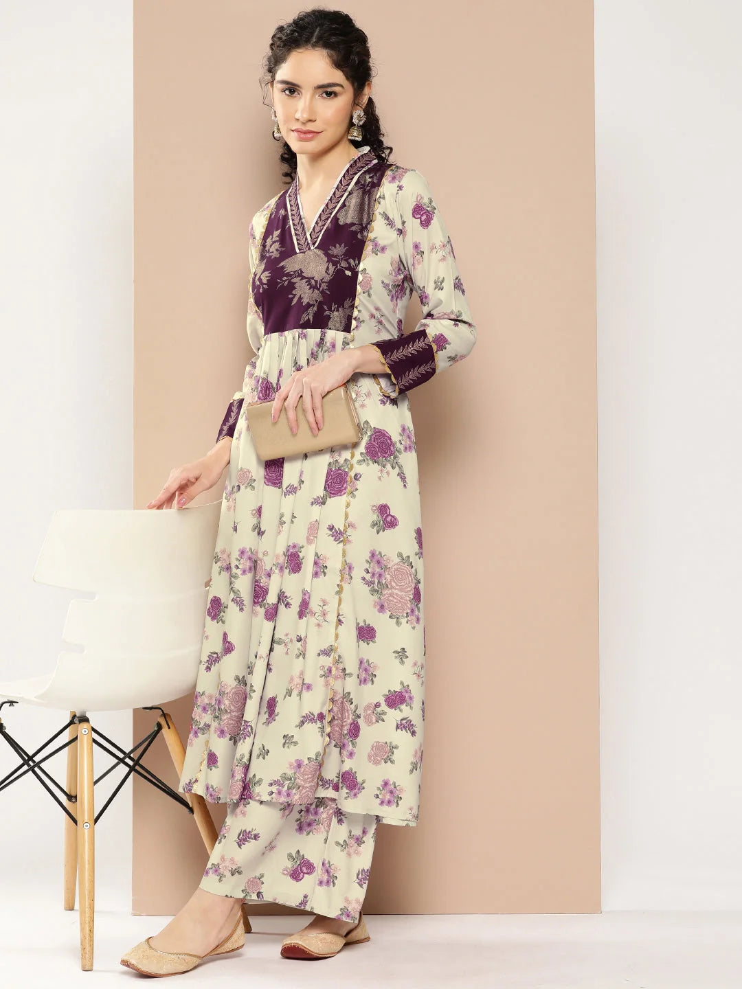 Beige Floral Kurta Palazzo Set - Pleated Gotta Patti Design