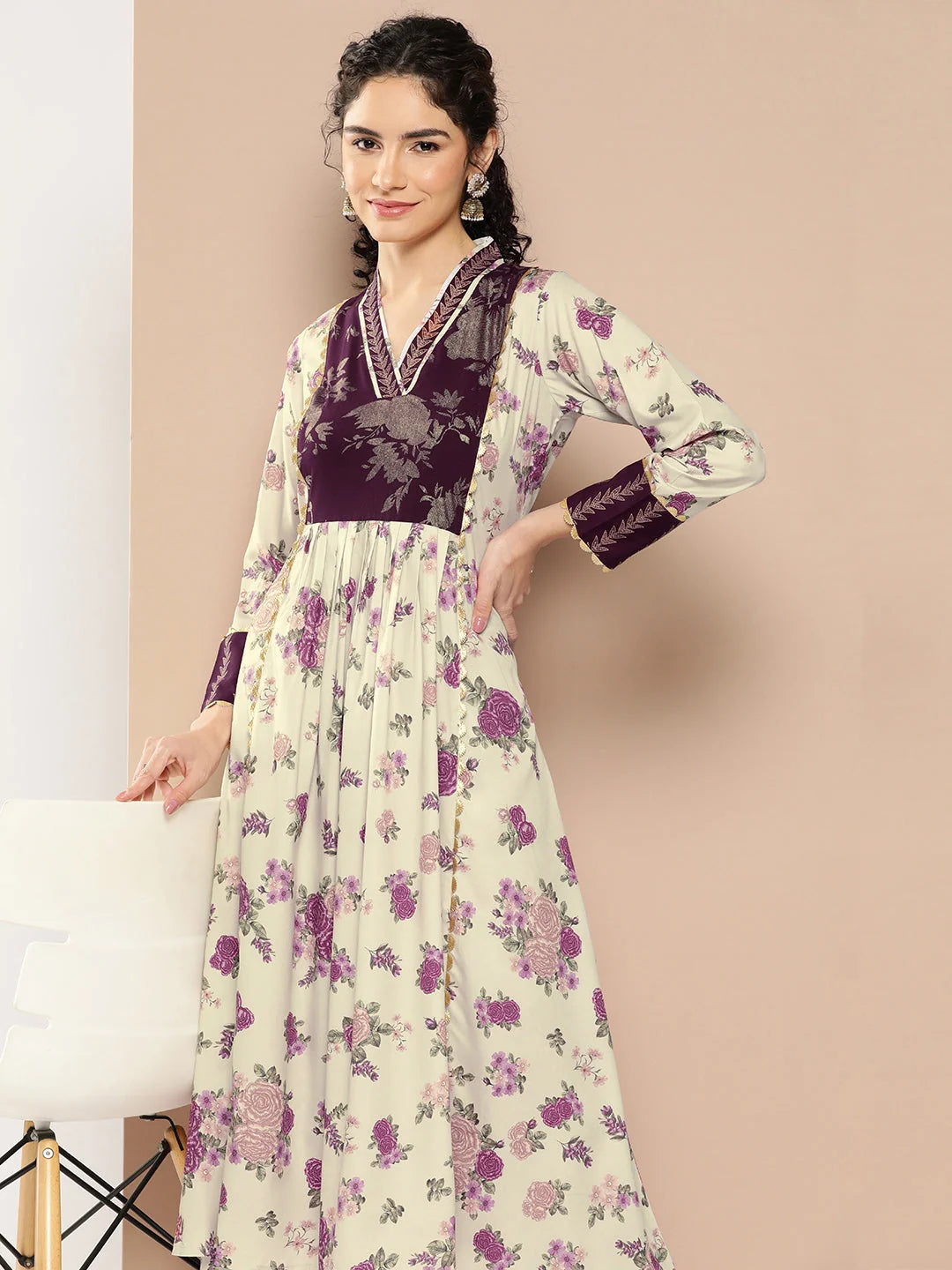 Beige Floral Kurta Palazzo Set - Pleated Gotta Patti Design