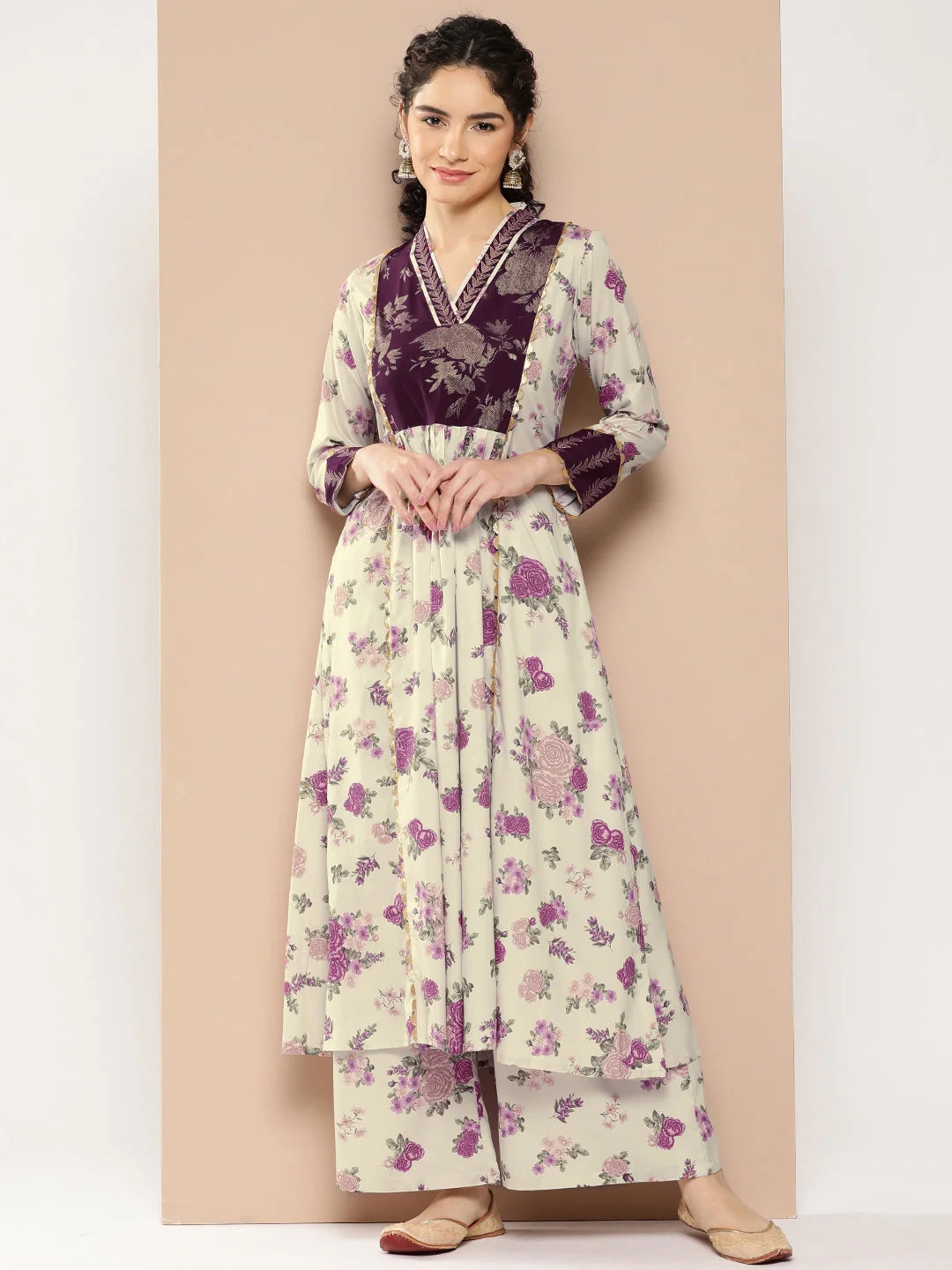 Beige Floral Kurta Palazzo Set - Pleated Gotta Patti Design