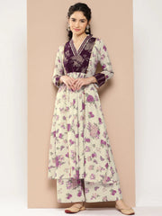 Beige Floral Printed Pleated Gotta Patti Kurta with Palazzos-AHKUPZ-COMBO-556-ICH
