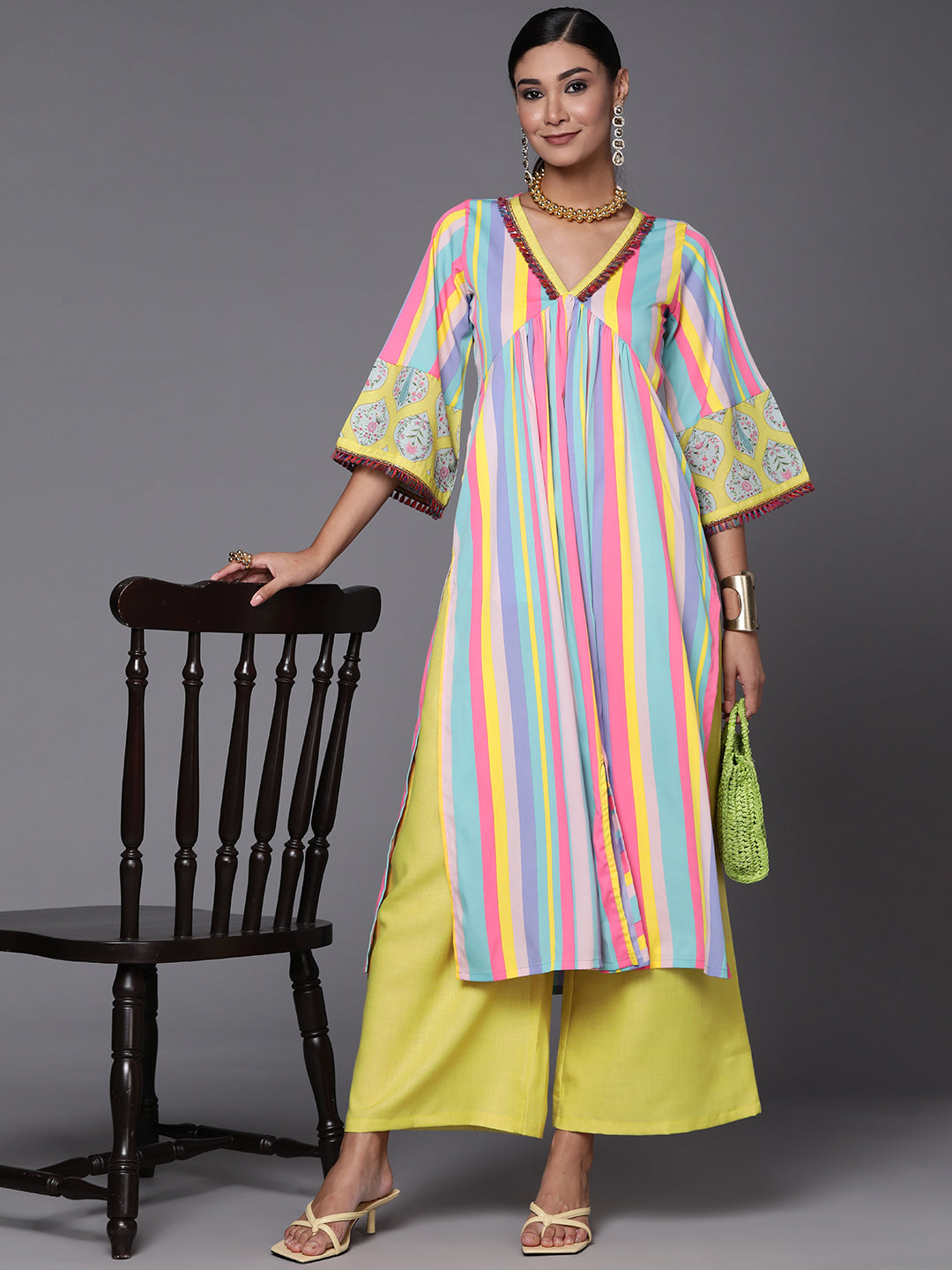 Neon Green & Blue Candy Striped Kurta with Palazzos-AHKUPZ-COMBO-557-FF