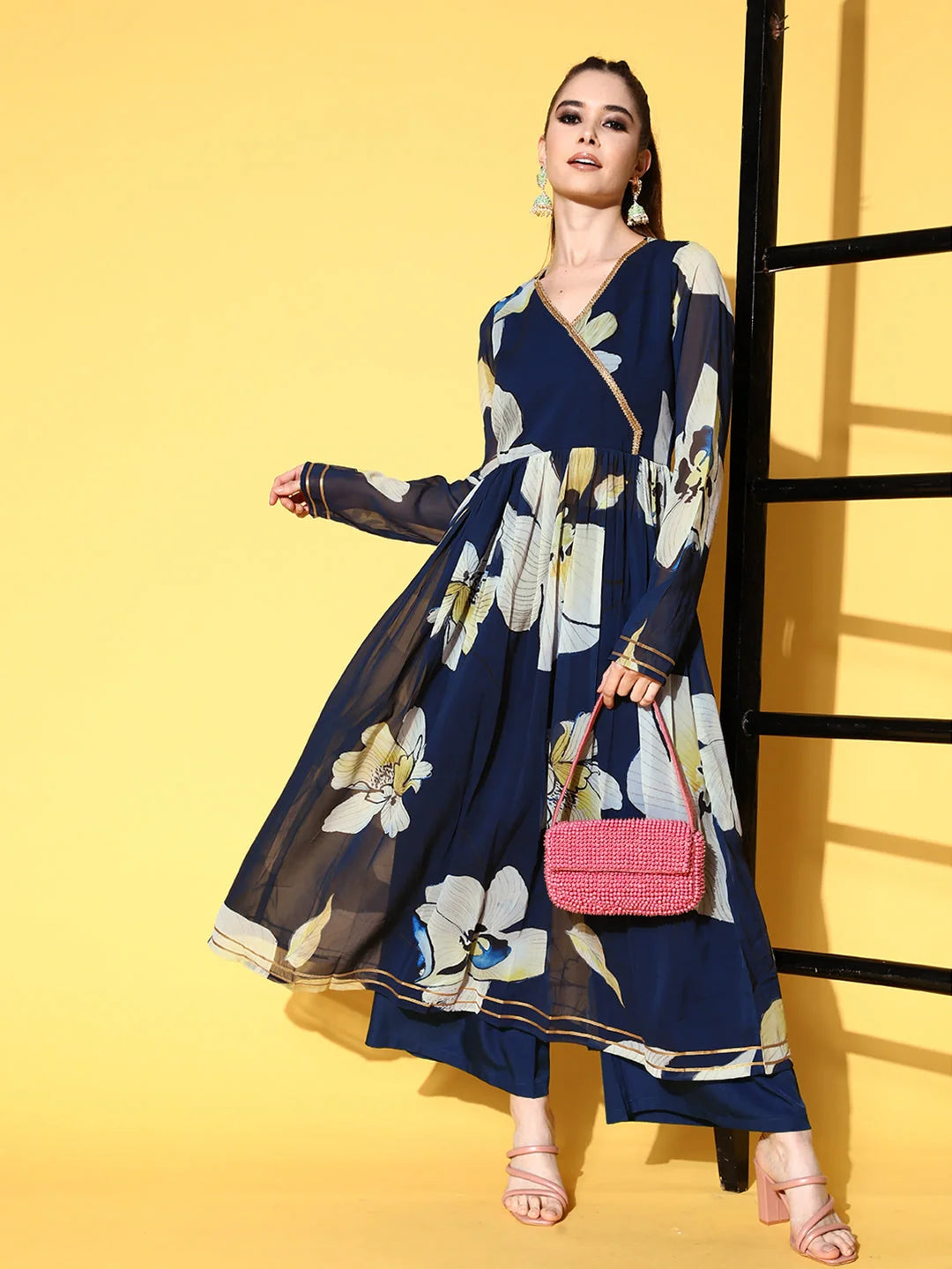 Floral Angrakha Kurta Palazzo Pants Set | Women's Indian Fashion